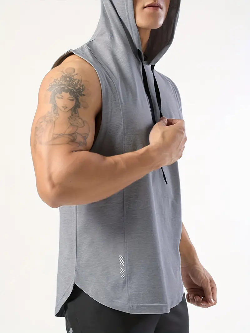 Grey Men's Sleeveless Drawstring Hooded Vest