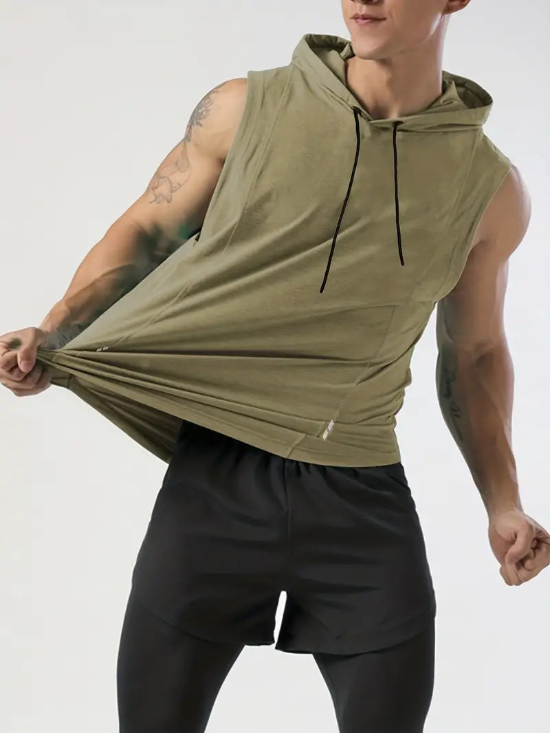 Khaki Men's Sleeveless Drawstring Hooded Vest