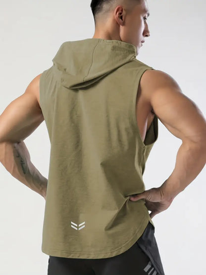 Khaki Men's Sleeveless Drawstring Hooded Vest