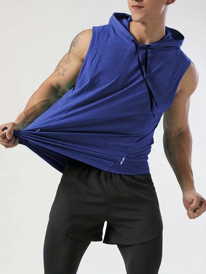 Blue Men's Sleeveless Drawstring Hooded Vest