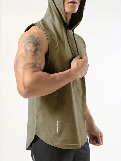 Khaki Men's Sleeveless Drawstring Hooded Vest
