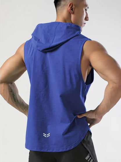 Blue Men's Sleeveless Drawstring Hooded Vest